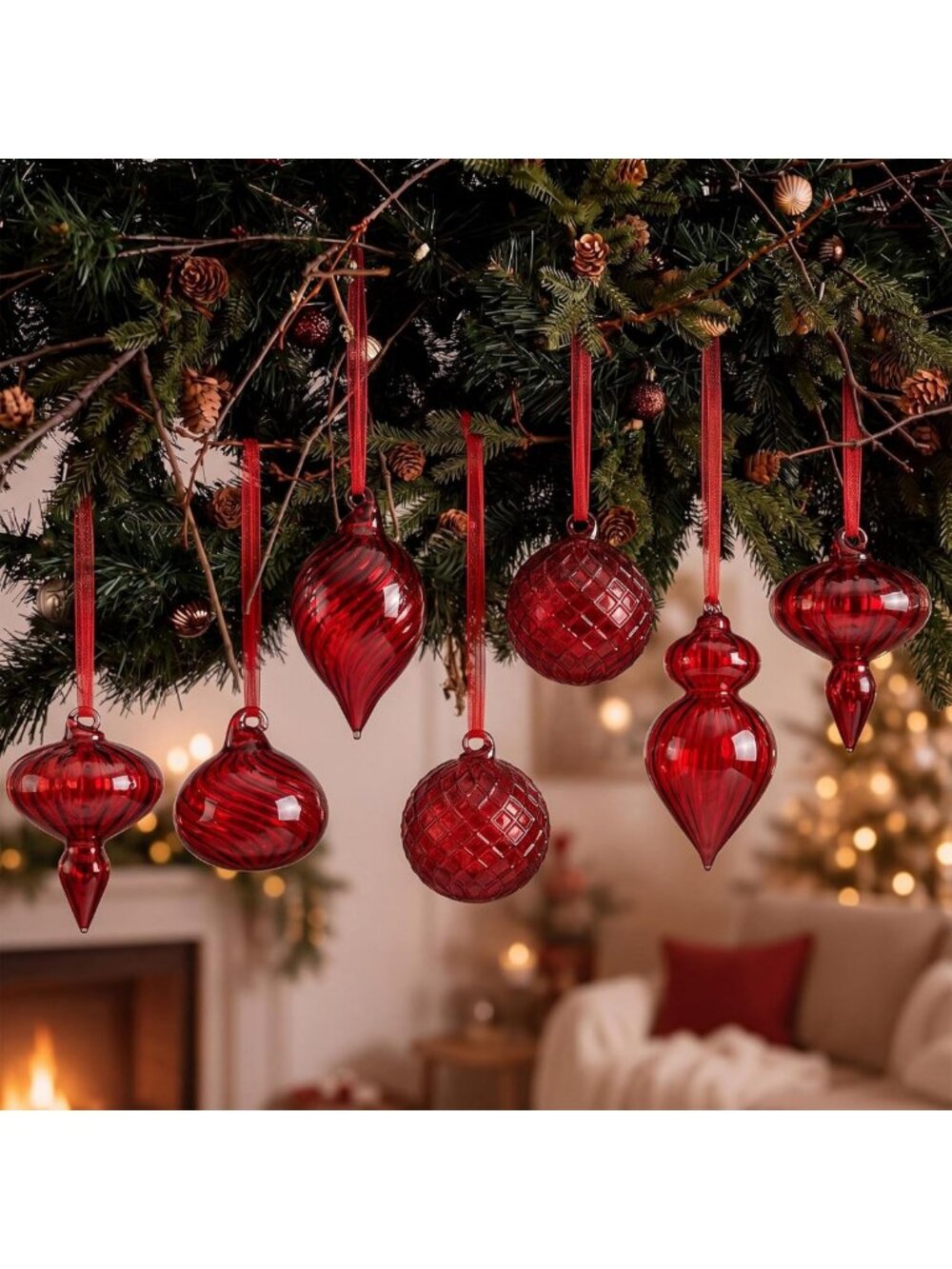 Vintage Christmas Ornaments Set - 14 Retro Glass Balls in Red for Holiday Decor